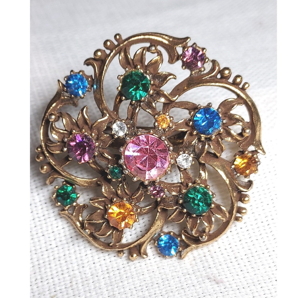 Vintage Coro Signed Multi Color Rhinestone Pinwheel Brooch Gold Tone Wreath Pin